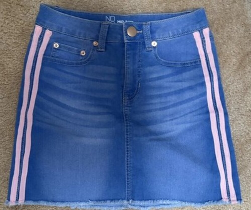 No Boundaries Denim Mini Skirt Juniors Size 5 With Pink Side Stripes Y2K